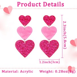Mintolex Acrylic Y2K Love 3 Heart Earrings for Women Valentines Earrings Jewelry Gifts Hot Pink