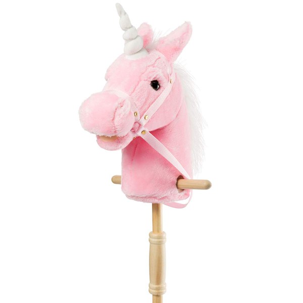 HollyHOME Plush Unicorn Stick Horse with Wood Wheels Real Pony Neighing and Galloping Sounds Plush Toy Pink 37 Inches(AA Batteries Required)