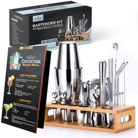 TEAVAS Mixology Bartender Kit with Japanese Jigger & Bamboo Stand - 25 Piece Stainless Steel Cocktail Making Set - Boston Shaker, Strainer, Mixer, Spoon, Muddler Barware - Anniversary & Birthday Gifts