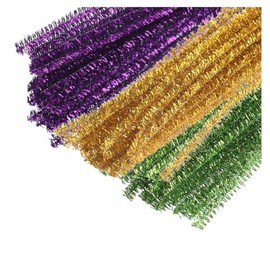 Pack of 300 Gold Purple and Green Metallic Tinsel Pipe Cleaners. Fuzzy Stick Tinsel Stems Mardi Gras Arts and Crafts Shapes, Flowers, Animals, Figures and Mardi Gras Crafts (Size: 12" L x 6 mm Dia)