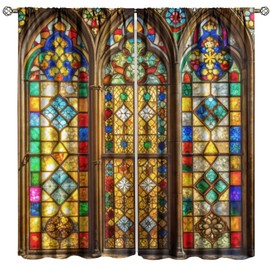 PHTAYOT Vintage Stained Glass Curtains, Mid Century Retro Old Church Style Pattern for Room Window Decor, Rod Pocket Print Drapes for Living Room Bedroom Kitchen 2 Panel Set 20.5" W X 45" L