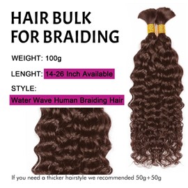 DaiMer Water Wave Bulk Human Braiding Hair for Boho Braids, 2 Bundles/Pack, 100 g, No Weft, 10A Brazilian Water Wave, Bulk Dark Brown Human Hair Extensions for Braids (4#, 26 Inches)