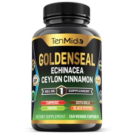 Tenmido Goldenseal Root Supplement - 7in1 Formula - Combine with Echinacea, Ceylon Cinnamon, Turmeric, Papaya, Gotu Kola & Black Pepper - Digestive Health Support - 150 Capsules for 5 Months Supply