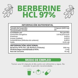 Berberina HCL 97% | 500mg de Berberina Clorhidrato, potenciado con Piperina al 97% y Cúrcuma | Berberine 60 cápsulas