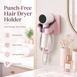Wall Mounted Hair Dryer Holder for Bathroom Storage – Punch-Free ABS Organizer Rack with Cord Hook