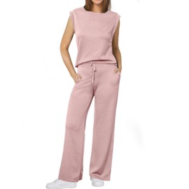 Glamaker Women's 2 Piece Sets Summer Lounge Travel Outfits Sleeveless Wide Leg Airport Casual Trendy Sweatsuits, Pink, Large