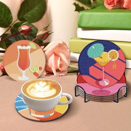 8 Pcs Cocktail Diamond Art Coasters Kits with Holder, DIY Retro Cocktail Diamond Painting Coasters Mosaic Kits for Adults, Round Non Slip Coaster Crafts for Tabletop Protection and Gifts