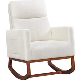 Yaheetech Boucle Living Room Chair, Modern Upholstered Rocking Accent Chair, Glider Chair Nursery Chair with Side Pocket and High Back Armchair for Living Room Bedroom Lounge, Ivory
