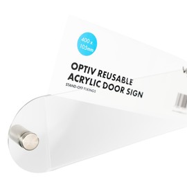 OptiV Reusable Acrylic Door Sign – 400 x 105mm – Clear Acrylic with Silver Stand-Off Fixings, Quick-Change Insert System, Professional Office & Workplace Signage