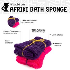 AFRIKI AFRIKI African Net Sponge, African Exfoliating Sponge, Black Owned, Exfoliating Washcloth, Body Exfoliator for Bath and Shower, Back Scrubber, Dead Skin Remover (Yellow, Purple, 1 Count (Pack of 2))
