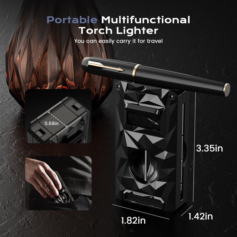5-in-1 Windproof Lighter with Punch, Draw Enhancer, Holder, Triple Jet