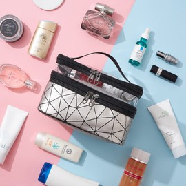 Larlary Toiletry Bag, Double Layer, Double Layer Lady, Used for Storing Cosmetics and Toiletries (Silver), silver, Double-layered, easy to wear