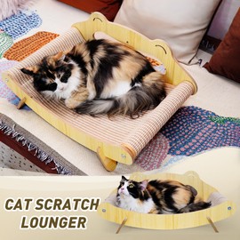 Cat Scratcher Bed for Large Indoor Cats – Natural Sisal Rope & Wooden Frame Scratch Pad, Durable Recliner Chair, Stylish Fluffy Cat Couch & 2-in-1 Play Lounger Furniture Featuring a Hammock (Large)