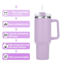 40OZ Vaso Térmico de Acero Inoxidable con Asa y Popote, Morada Taza Termica Frío y Caliente con Tapa, Apto para Lavaplatos, Termo de Viaje Regalos para Mujer