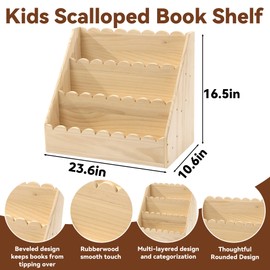 BALAPET Scalloped Book Shelf for Kids, 3-Tier Wooden Bookshelf Perfect Height for 1-5 Years Toddler, Durable Bookcase Book Organizer for Nursery Room(Wooden,23.6 * 16.5 * 10.6in)