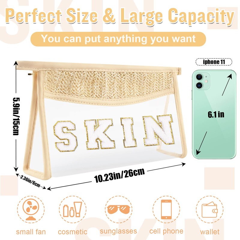 Clear Makeup Letter Patch Makeup Bag SKIN Pouch, Boho Clear
