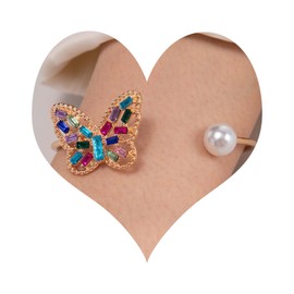 Wendalern Gold Cuff Bangle Bracelet Zirconia Butterfly Pearl Open Bangle Dainty Colorful Crystal Butterfly Pearl Wrist Bangle Adjustable Thin Cuff Bracelet Hand Jewelry for Women and Girls