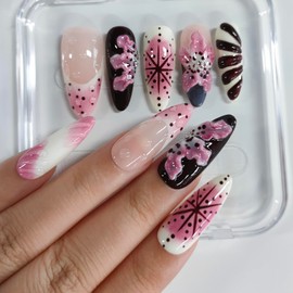 Handmade Press on Nails Almond Medium 3D Floral Nails French Tip Thick Acrylic Fake Nails Sturdy False Nails with Polka Dots Flower Water Drop Designs Pink&Red Nail Art Press on Nails 10Pcs(M)