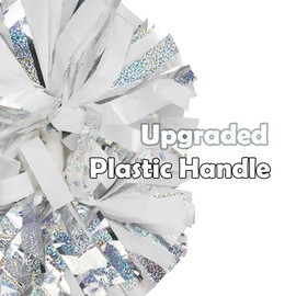 Hooshing 2 Pack Pom Poms Cheerleading Professional Holographic Silver Spot and White with Baton Handle for Team Spirit Sports Cheering