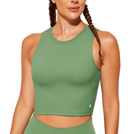 BAYDI Sports Bra Removable Padded Crop Tops High Neck Tank Tops with Built in Bra Longline Yoga Workout Top Ins Green