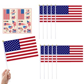 10pcs Small America Flags on Sticks & 2pcs Temporary Tattoos for Games Party,Mini America Flags on Sticks Hand Held Flags for Sports Events Celebration USA Party Decorations