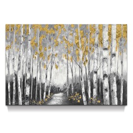 Birch Forest Canvas Wall Art: Large Abstract Tree Painting with Gold Foil Hand Painted Textured Artwork for Bedroom