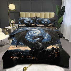 CCoutueChen Black Dragon Queen Comforter Set Galaxy Moon Bedding for Women Girls Cute Animal Decor Quilt Set - 3Pcs Soft Fluffy Microfiber with 2 Pillowcases(104 * 90)