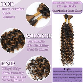 Ubinica Color P4/27 Deep Wave Human Braiding Hair for Boho Braids 2 Bundles Total 100g 20 Inch Deep Wave Bulk Braiding Hair for Boho Braids