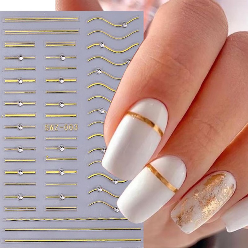 Gold Silver Nail Art Stickers Kit,2Pcs Metallic French Stripe Line