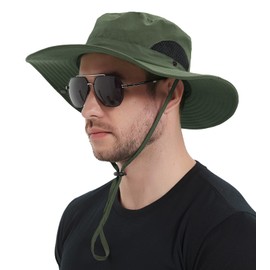 Wmcaps Sun Hats for Men, Wide Brim UPF 50 Sun Hats Summer Mesh UV Protection Beach Safari Hat, Fishing Walking Hiking Boonie Hat with Adjustable Chin Strap Waterproof Breathable (Army Green)