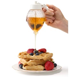 PAULSWAY Not Chromed Glass Honey Dispenser, Food-Grade ABS White Lid – No Drip Glass with Stand – 8 oz Honey Jar – Honeycomb Design Container – Honey Pot for Honey, Maple Syrup