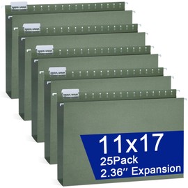 gisgfim 25 Pack Reinforced 11x17 Hanging File Folders 1/5 Cut Heavy Duty Hanging File Folders with Plastic Tabs & Label Cards Expanding Hangers File Organizer for Drawing Engineering Document (Green)