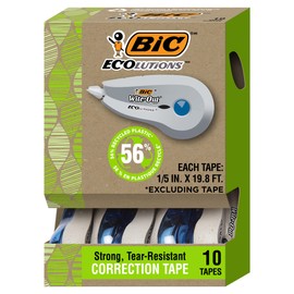 BIC Ecolutions Wite-Out Brand Correction Tape, 19.8 Feet, 10-Count Pack, Correction Tape Made from 56% Recycled Plastic Excluding Tape