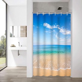 YISURE Shower Curtain with Beach Motif 120 x 200 cm Ocean Wave Star Shower Curtains Bath Textile Mould Resistant with 8 Metal Eyelets Width 120 x Height 200 cm