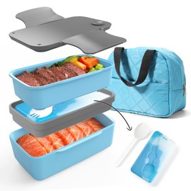 WHALEHOUSE 45 OZ Double-Layers Salad Container for Lunch, Bento Box with Ice Pack, Utensil & Cooler bag, Lunch Box with Lids for Meal Prep, Microwave/Dishwasher/Freezer Safe (Blue)