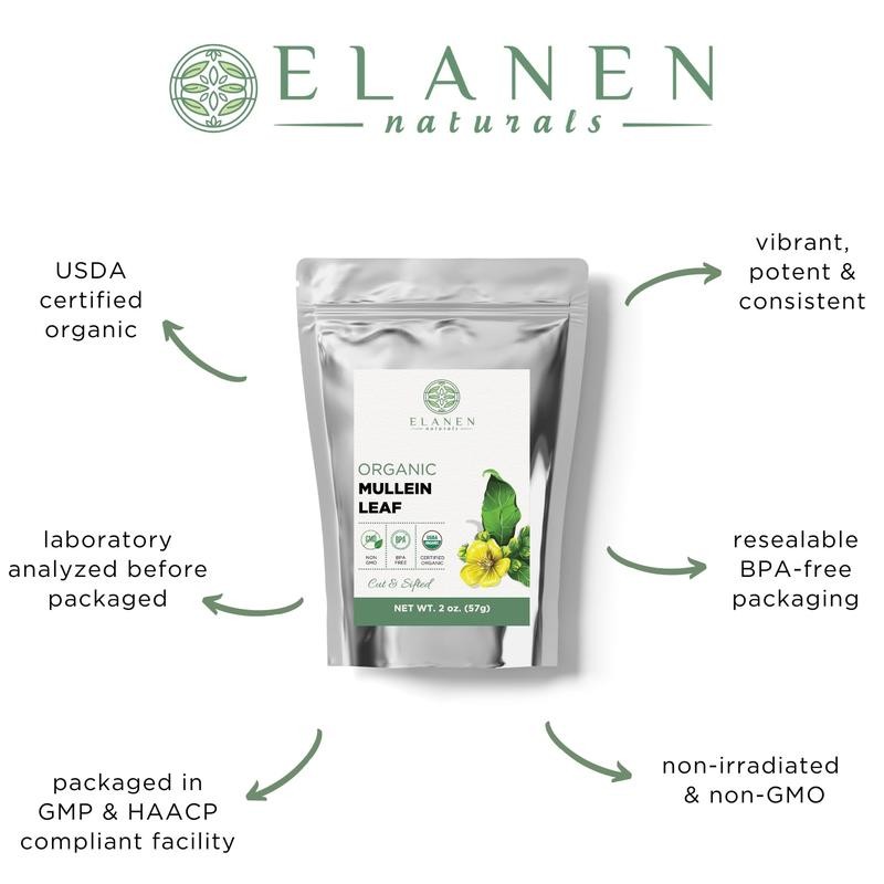 Elanen Naturals Mullein Leaf, USDA Certified Organic, Cut & Sifted