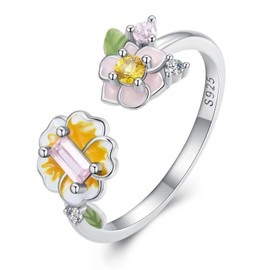 Qings Open Ring with Shiny Flower 925 Sterling Silver Pink Yellow Flowers Green Leaves Adjustable Ring for Women and Girls, Sterling Silver, Cubic Zirconia