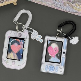 2 Pcs Cartoon Photocard Holder ID Badge Holder,3 Inch Photo Card Holder Id Card Holder Protective Sleeves Photocards Holder,Cute Photocard Holder Keychain Cloud Bear Pendant with Spiral Wrist Coil
