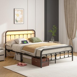 Maliacife Bed Frame Full Size with USB Charging Station, LED Bed Frame with Headboard and Footboard,Black Metal Platform Bed with Under Bed Storage, No Box Spring Needed, Noise Free