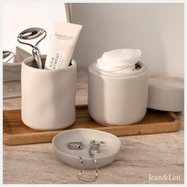 Jean & Len Portaspazzolino in robusta gres porcellanato, ideale anche per trucchi o come portapenne, design minimalista in sobrio tono beige, 8,3 x 10 cm