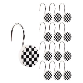 Yalikop 12 Pack Black and White Checkered Shower Curtain Hooks Decorative Buffalo Plaid Curtain Rings with Metal Hooks Modern Retro Round Resin Anti Rust Shower Hangers for Bathroom Rods