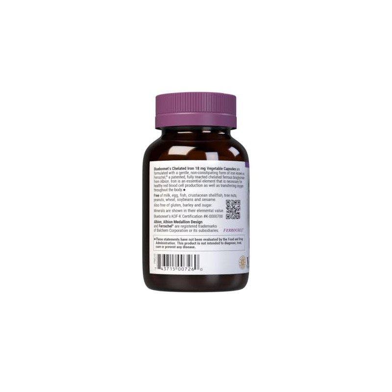 Bluebonnet Nutrition, Chelated Iron, 18 mg, 90 Vcaps by Bluebonnet