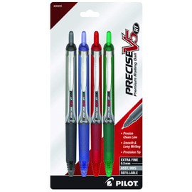 PILOT Precise V5 RT Refillable & Retractable Liquid Ink Rolling Ball Pens, Extra Fine Point (0.5mm) Black/Blue/Red/Green Inks, 4-Pack (26055)