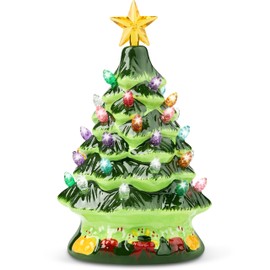 Joiedomi 7" Ceramic Christmas Tree with Green Base, Prelit Xmas Tree with Extra Clear Star Topper for Home and Office Tabletop Decoration