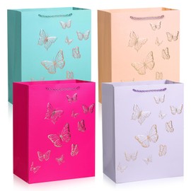 Butterfly Gift Bags 12 Pcs Pink Blue Party Favor Bags with Handles Gold Foil Butterfly Print Treat Bags for Parties,Weddings,9"×7"×4"
