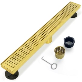 Elefloom Linear Shower Drain, 18 inch Gold Drain with Removable Grate Cover, Brushed 304 Stainless Steel Shower Floor Drain, Linear Drain with Hair Strainer and Adjustable Feet