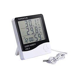Digital Indoor Outdoor Thermometer Hygrometer Meter Temperature Humidity Monitor with LCD Screen Alarm Clock, 1meter Probe Cord for Bedroom/Home/Office/Hotel/Basement