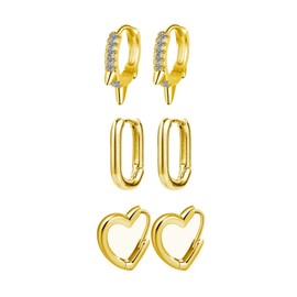 Small Gold Hoop Earrings for Women Square Heart Cubic Zirconia Huggie Hoop Earrings,3 Pairs 14K Gold Plated Hoops Sleeper Earrings Set for Women Girls Jewelry Gift 10mm 14mm