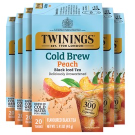 Twinings Peach Cold Brew Iced Tea Bags, 20 Count (Pack of 6), Unsweetened Flavoured Black Tea, Caffeinated, 120 Teabags