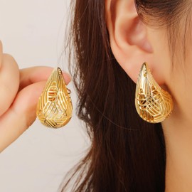ORICHORE Geometric Hollow Teardrop 18K Gold Plated Stud Earrings/Fashion Hollow Women's Gold Earrings